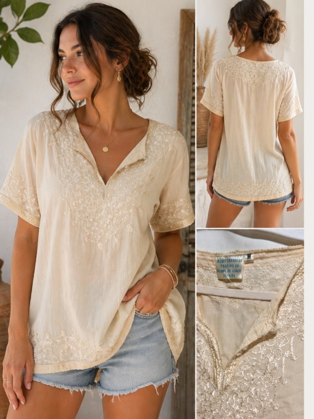 Mediterranean Trading Co Cream Embroidered Boho Blouse Tunic Medium